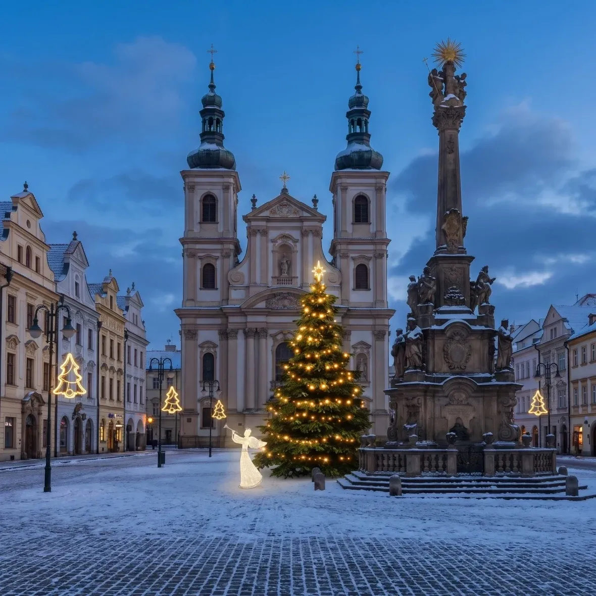 Vianočná sada pre obce: Vianočný stromček, strom 3–5 m, 9× stromček na verejné osvetlenie, 3D LED anjel 122 cm, teplá biela