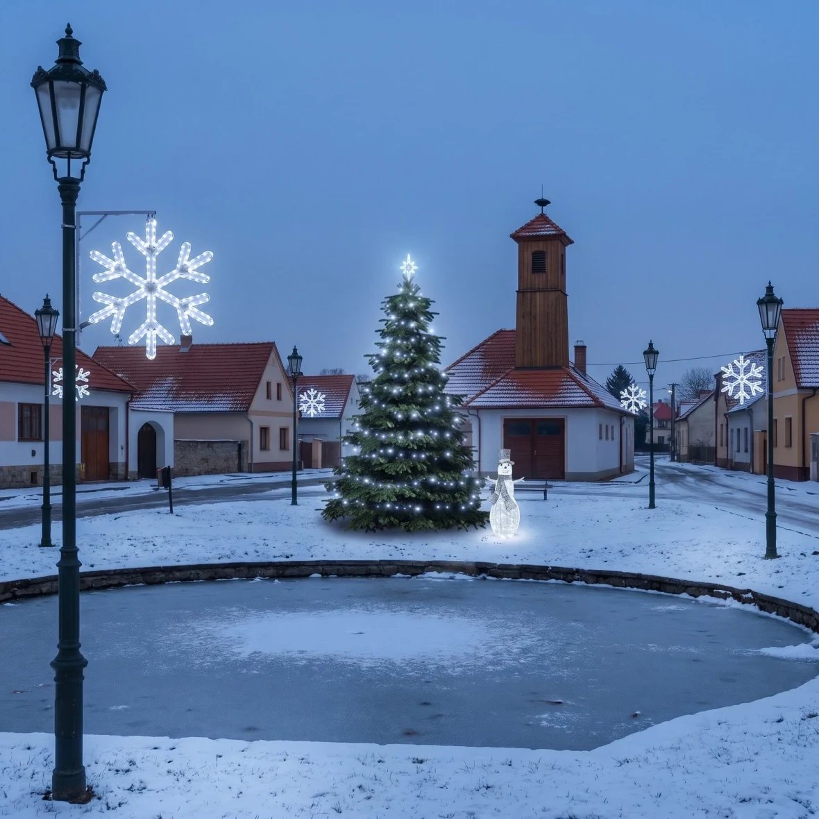 Vianočná sada pre obce „Ľadová vločka V“, strom 3–5 m, 8× vločka V na verejné osvetlenie, 3D LED snehuliak 107 cm, ľadovo biela