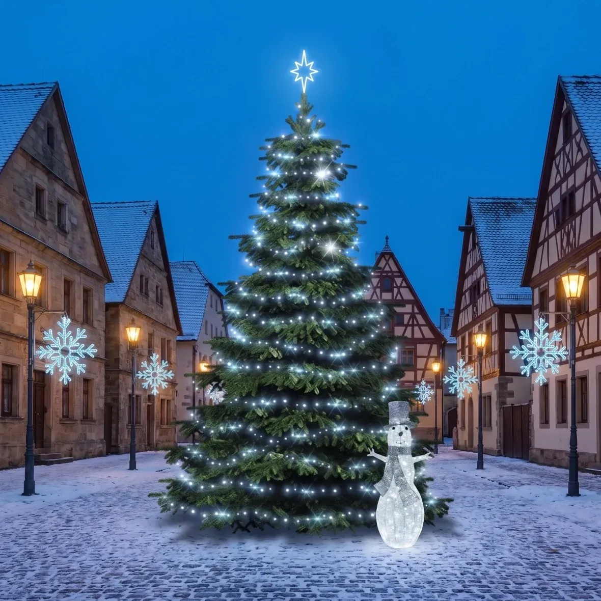 Vianočná sada pre obce: ľadová vločka X, strom 6–8 m Flash, 8× vločka X na verejné osvetlenie, 3D LED snehuliak 107 cm, ľadovo biela