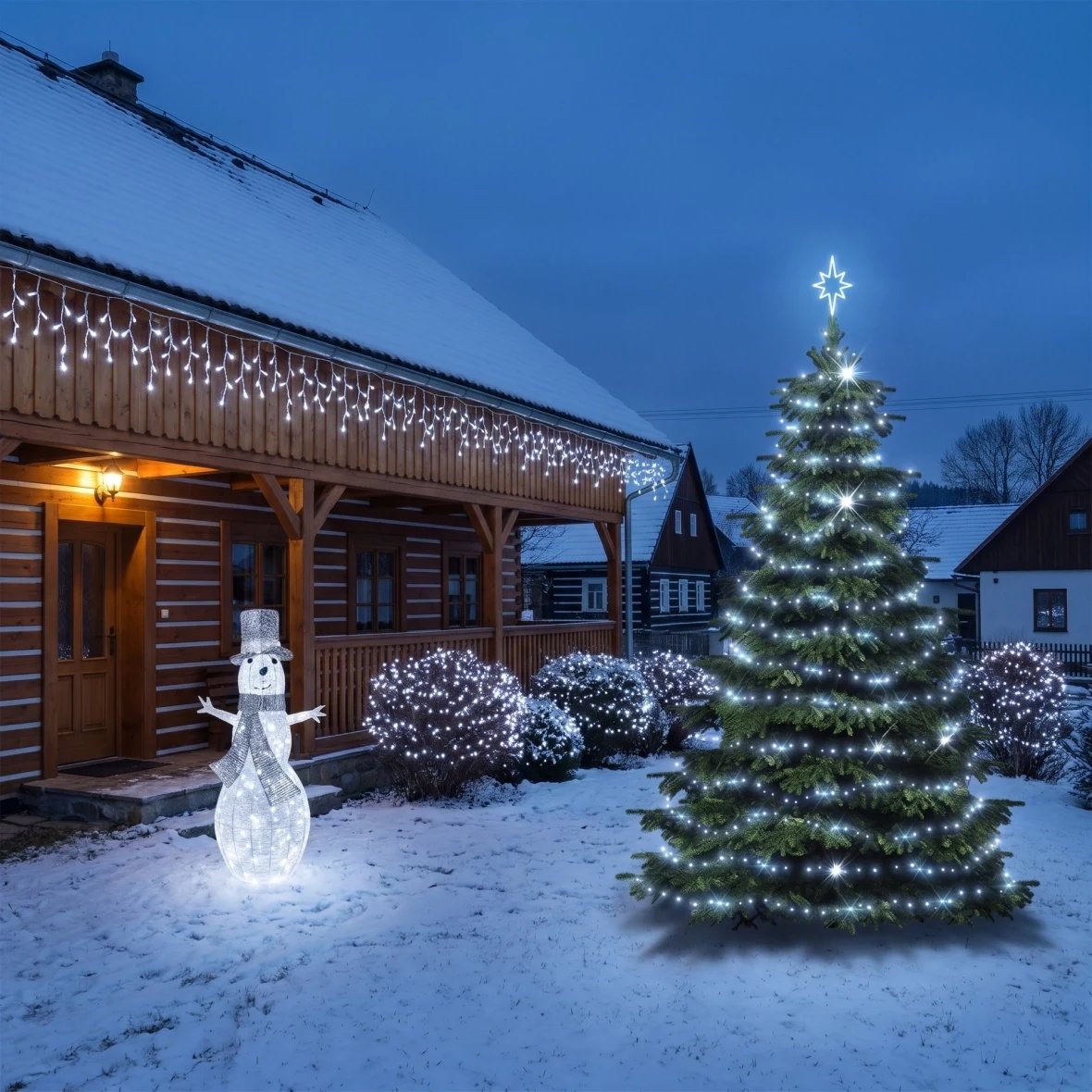 Vianočná sada pre hotely: Veľká ľadová fasáda, strom 6–8 m Flash, 16× ľadové kvapky 3 m, 5× reťaz 20 m, 3D LED snehuliak 107 cm, ľadovo biela