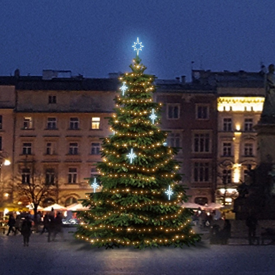 Sada LED svetiel pre vianočné stromčeky vysoké 6-8 m, teplá biela s ľadovo bielymi dekormi DZ113S3
